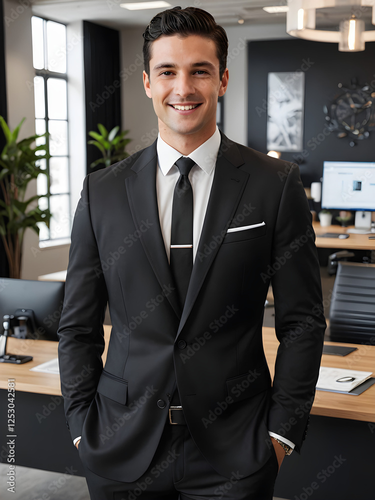 Professional Businessman in Modern Office Setting. Wearing Stylish Business Attire. Generative AI. Professional Businessman in Modern Office Setting. Wearing Stylish Business Attire. Generative AI.