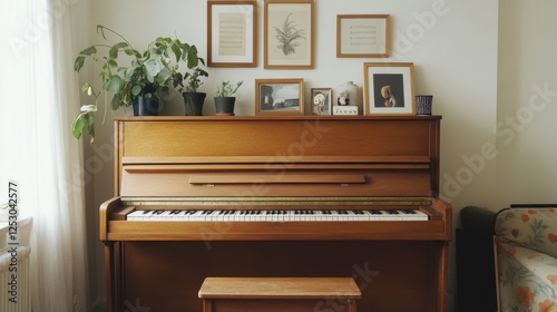 An upright piano with a wooden finish, placed in a cozy living room adorned with a small potted plant and framed pictures on top, exuding a homely charm.