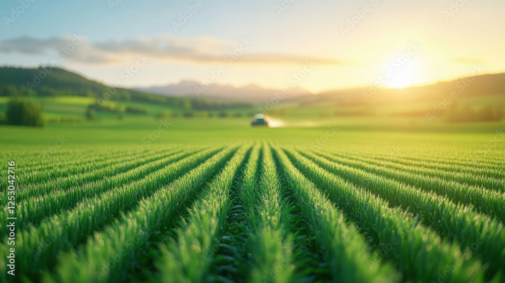 serene landscape featuring healthy green crops in rows, illuminated by warm sunset. vibrant fields stretch towards horizon, creating peaceful agricultural scene serene landscape featuring healthy green crops in rows, illuminated by warm sunset. vibrant fields stretch towards horizon, creating peaceful agricultural scene