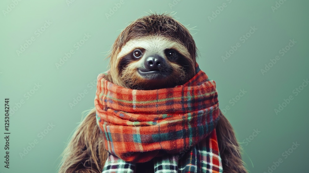 Fototapeta premium A studio portrait of a sloth wearing a red and green plaid scarf. The sloth is looking at the camera with a slightly puzzled expression.