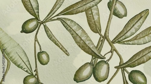 Green olive branches with leaves painted in soft watercolor style