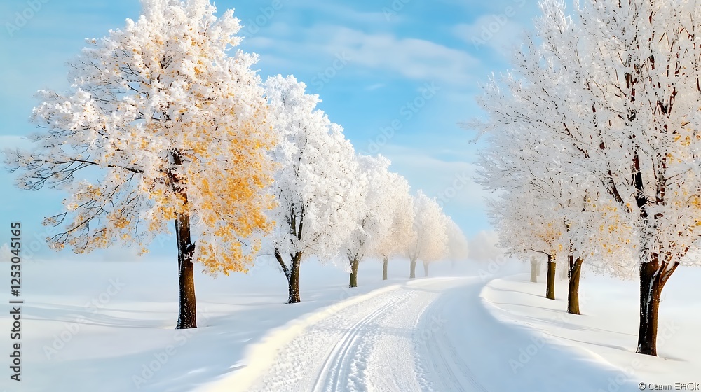 Snowy Winter Landscape with Frosty Trees and Pathway Snowy Winter Landscape with Frosty Trees and Pathway