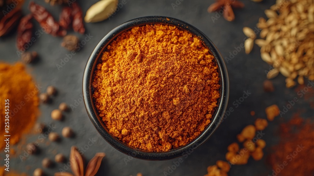 A bowl of vibrant orange spice surrounded by various whole spices on a dark surface. A bowl of vibrant orange spice surrounded by various whole spices on a dark surface.