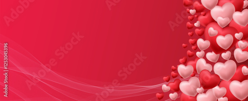 Happy Valentine's day banner with realistic decorative red and pink 3d hearts and wave lines on a luxury background. Love banner, gift voucher, cute greeting card. Vector illustration