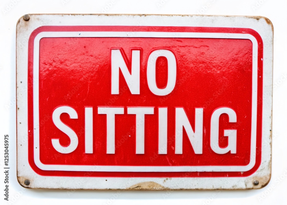 Macro Close-up of a No Sitting Sign Sticker on White Background - Detailed Texture and Text Macro Close-up of a No Sitting Sign Sticker on White Background - Detailed Texture and Text