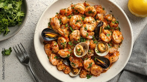 A vibrant seafood dish featuring shrimp, mussels, and clams garnished with herbs