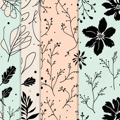 A set of three panels, each featuring a different floral pattern, including a black and white floral design, a peach background with black branches, a light blue background with black branches. Vector