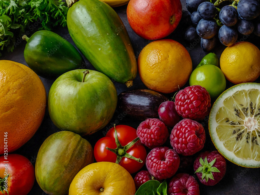 Assorted fresh fruits and vegetables displayed on a table. Assorted fresh fruits and vegetables displayed on a table.