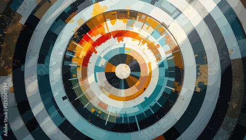 A circular pattern with concentric circles of varying colors and sizes, creating a visually striking and abstract design. Vector patterns, random pattern