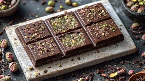 Close-up of a chocolate bar with pistachio pieces on a rustic surface