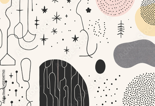 A variety of abstract shapes and designs, including circles, lines, dots, and stars, arranged in a visually appealing and dynamic composition. Vector patterns, random pattern