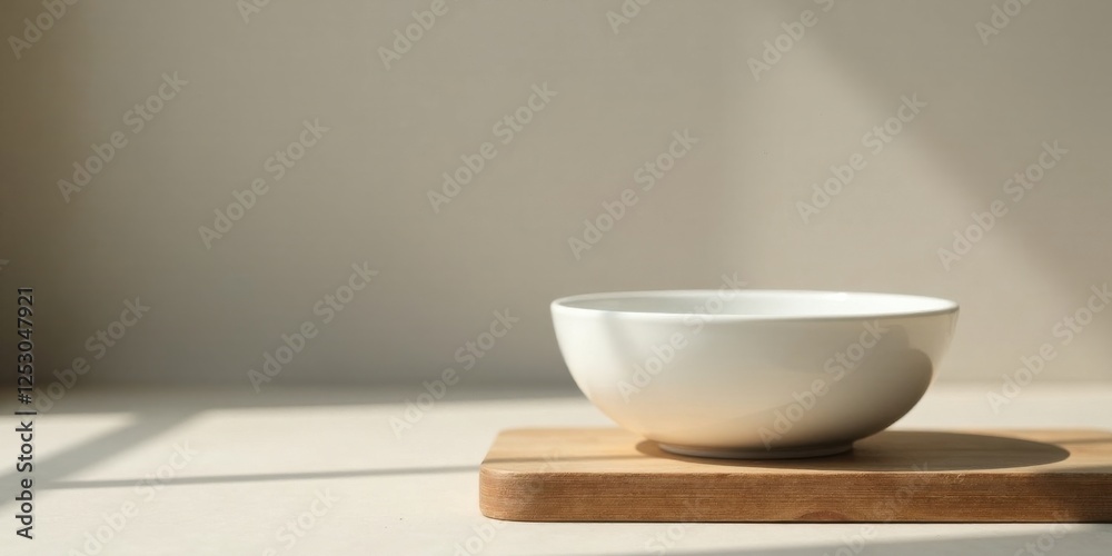 A simple white bowl rests on a light wood board, bathed in soft sunlight, creating a minimalist and serene scene. A simple white bowl rests on a light wood board, bathed in soft sunlight, creating a minimalist and serene scene.