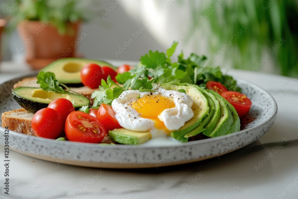 Delicious avocado toast with poached egg and fresh vegetables on ceramic plate. Delicious avocado toast with poached egg and fresh vegetables on ceramic plate.