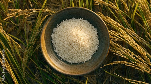 Bowl of white rice surrounded by golden rice stalks in a lush field