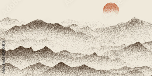 Mountain landscape in sepia tones, minimalism, imitation pencil drawing, stroke texture, imitation engraving, vector illustration