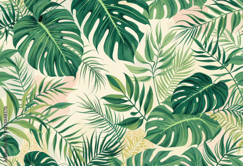 A variety of tropical leaves, including palm leaves and ferns, arranged in a repeating design against a light beige background. Vector patterns, random pattern
