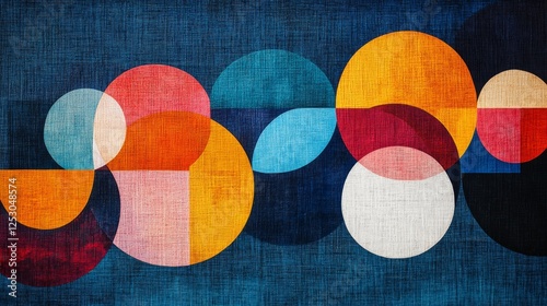 Harmonious Geometric Abstract, An Interplay of Textures and Overlapping Circles on a Rich Blue Canvas