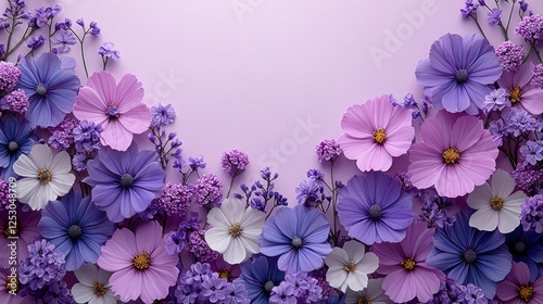 Vibrant arrangement of purple and pink flowers against a soft lavender background
