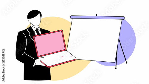 A person in a suit holds an open laptop while standing next to a blank presentation board. Bright yellow and purple circles in the background add a touch of color to the minimalist scene.AI