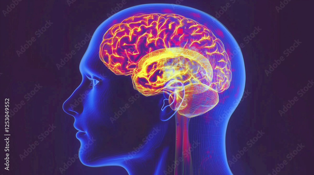 Obraz premium Vivid Purple and Yellow Brain Scan with Red Accents, X-ray Style