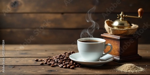 Aromatic Coffee Steam Rising from a Warm Mug Beside a Rustic Coffee Grinder and Roasted Beans on a Wooden Table