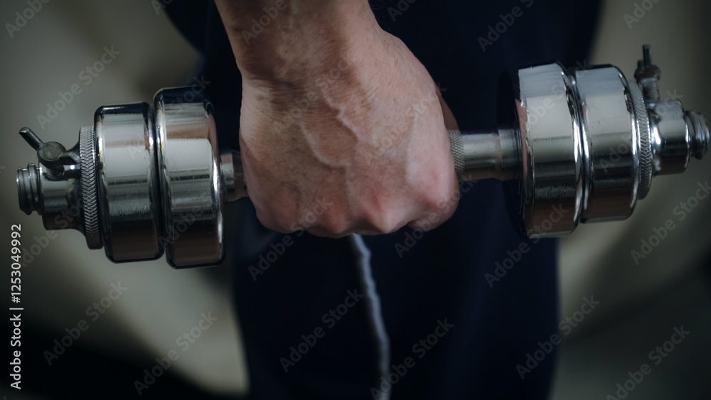 Strong grip on shiny metallic dumbbell for fitness training