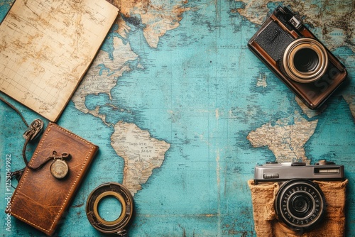 Vintage Exploration Concept With Maps And Cameras, Perfect For Travel And Adventure Themes. photo