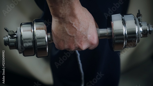 Strong grip on shiny metallic dumbbell for fitness training
