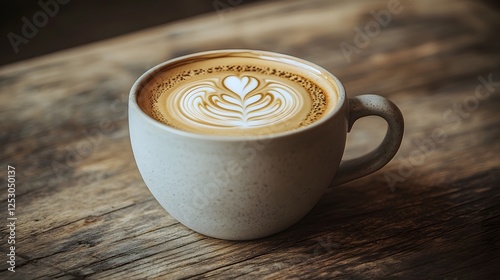 A minimalist ceramic coffee cup showcasing intricate latte art, resting on a rustic wooden table in soft morning light.