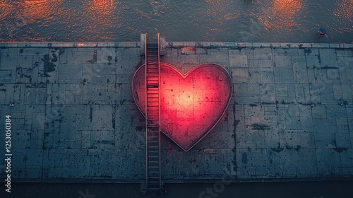Aerial view of a heart-shaped installation on a riverside at sunset
