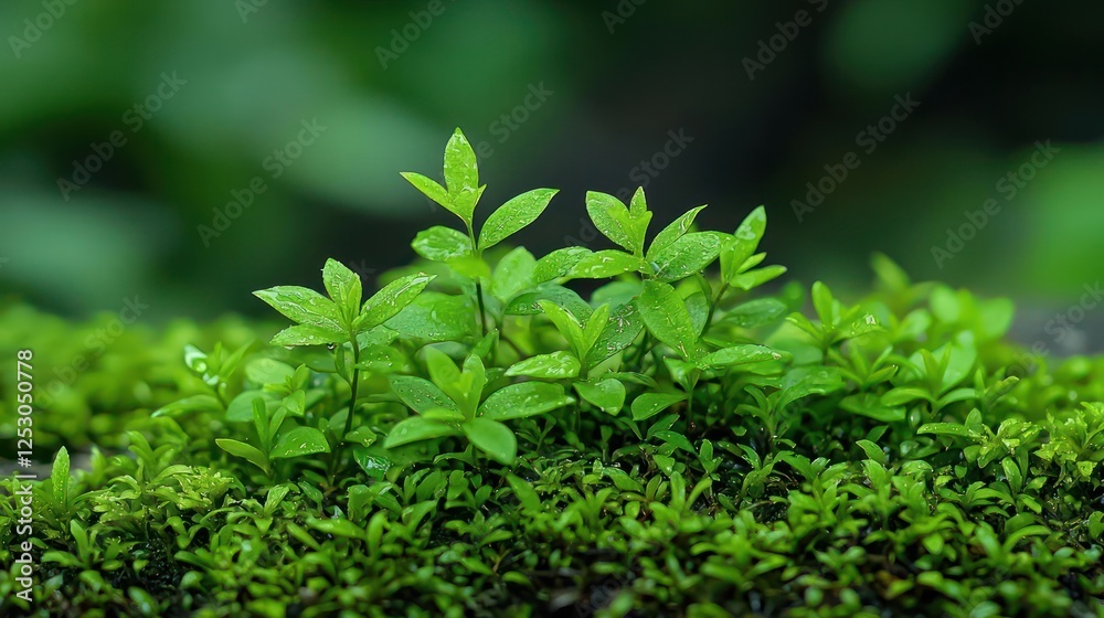 Closeup Of Dewy Green Plants On Mossy Surface Closeup Of Dewy Green Plants On Mossy Surface