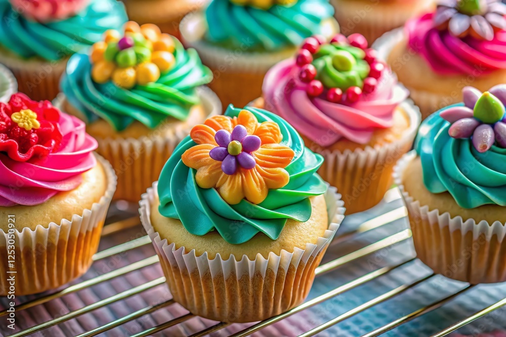 Macro Shot: Sweet Fondant Topped Cupcakes Cooling on Rack Macro Shot: Sweet Fondant Topped Cupcakes Cooling on Rack
