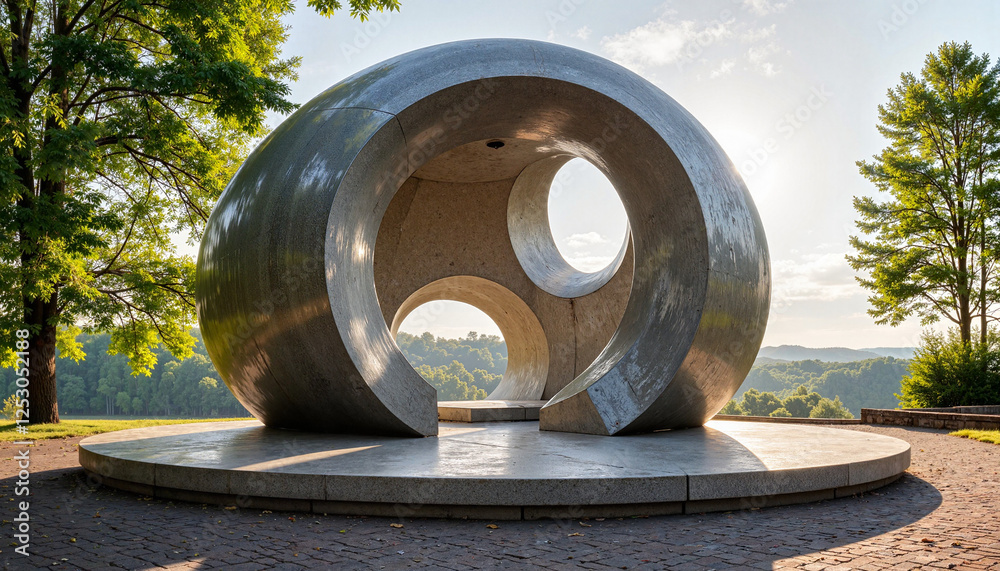 Modern art installation of polished circular sculpture in nature, artistic reflection Modern art installation of polished circular sculpture in nature, artistic reflection