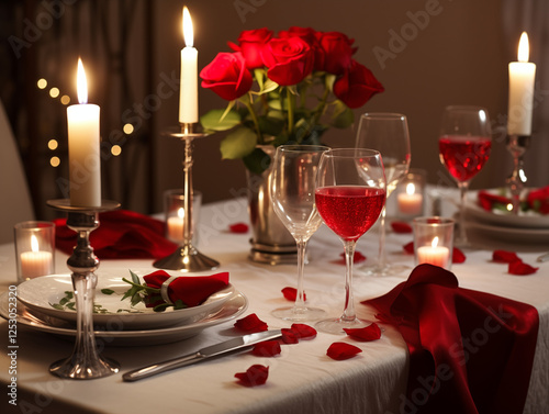 A romantic Valentine's dinner setting with red roses, candlelight, fine china, and silverware, creating an intimate, love-filled atmosphere perfect for the day of love. photo