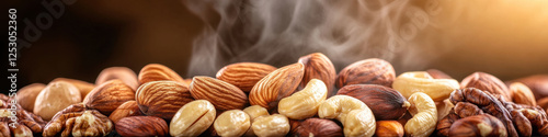 close up photograph of variety of nuts, including almonds, cashews, and walnuts, with steam rising, creating warm and inviting atmosphere