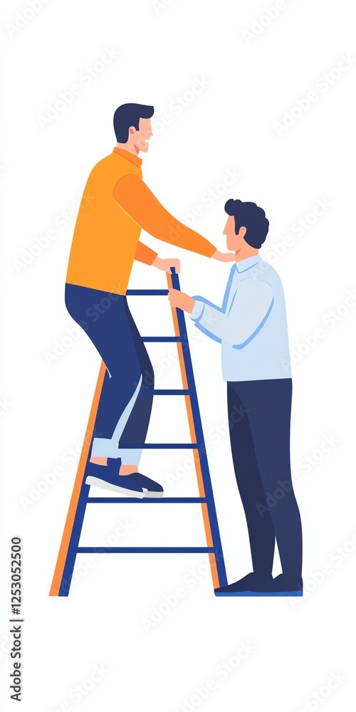 Illustration of teamwork: man on ladder assisted by another, symbolizing support. Illustration of teamwork: man on ladder assisted by another, symbolizing support.