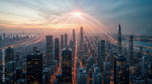 Panoramic view of a futuristic metropolis at dusk, skyscrapers lit by warm light, overlaid with semi-transparent digital network lines and glowing nodes, representing data flow and advanced urban conn photo