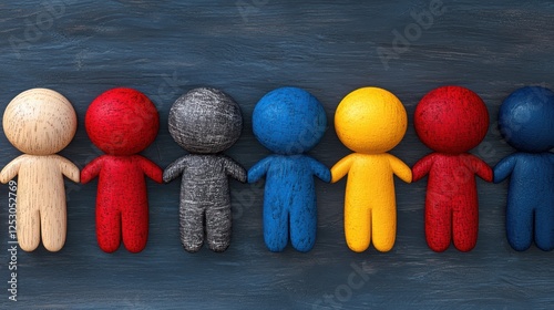 Colorful handmade figurines lined up on a wooden surface.