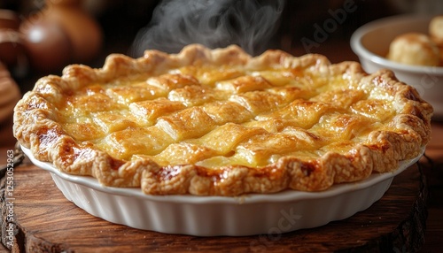 Steaming hot homemade pie fresh from oven on wooden table