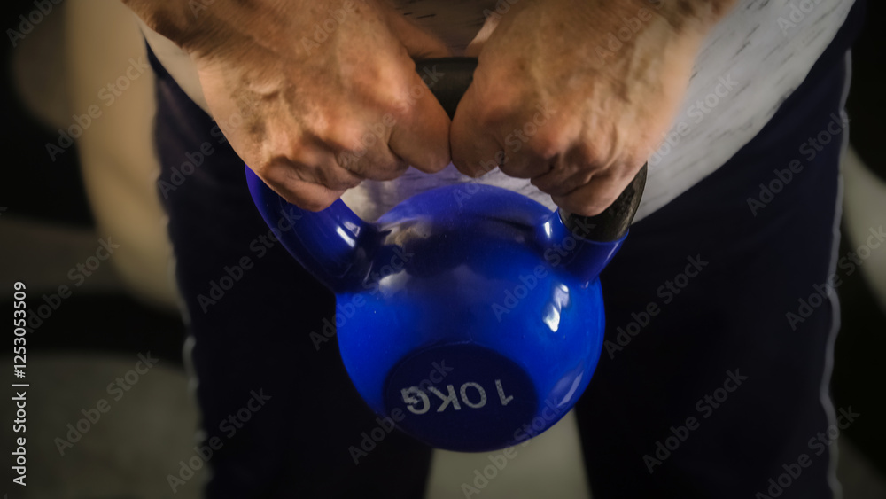 Hands gripping blue kettlebell for workout preparation