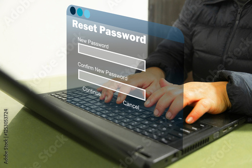 Reset password concept. Lock icon, security code showing on change password page while business person using laptop computer in office. Cyber security technology on website or app for data protection.