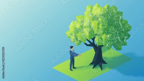 Isometric 3D Low Poly Style Illustration of Businessman Interacting with Tree in Modern Digital Environment