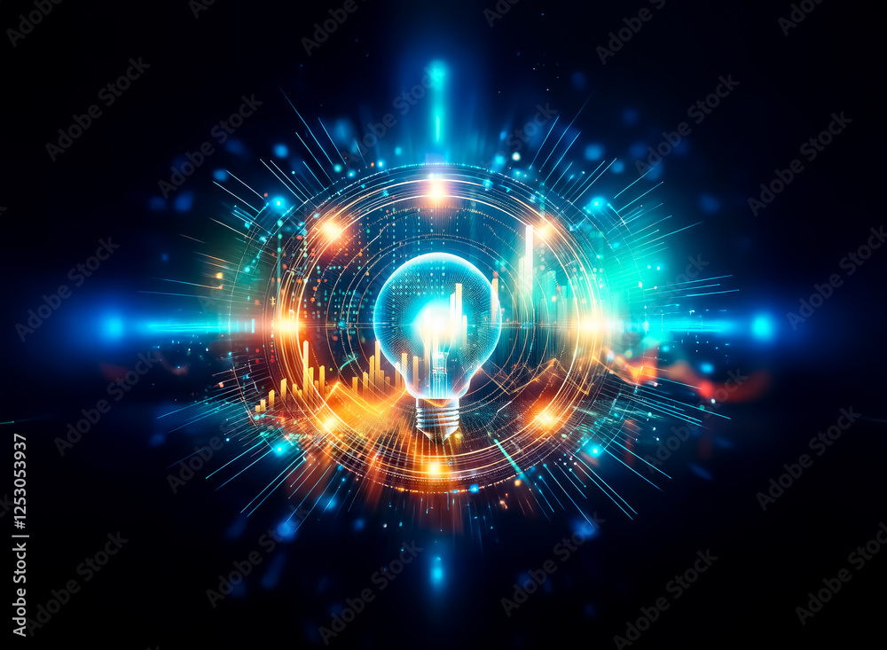 Fototapeta premium A radiant light bulb emits bright energy, surrounded by glowing circles and lines, symbolizing innovation and futuristic technology.