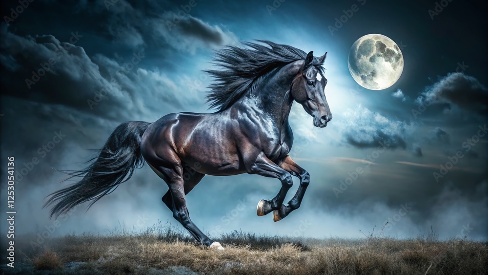 Obraz premium Majestic Black Stallion Running in Low Light - Dramatic Night Horse Photography