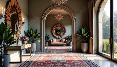 Maximalist entryway with layered rugs and ornate golden mirrors complemented by lush plants in luxurious ambiance