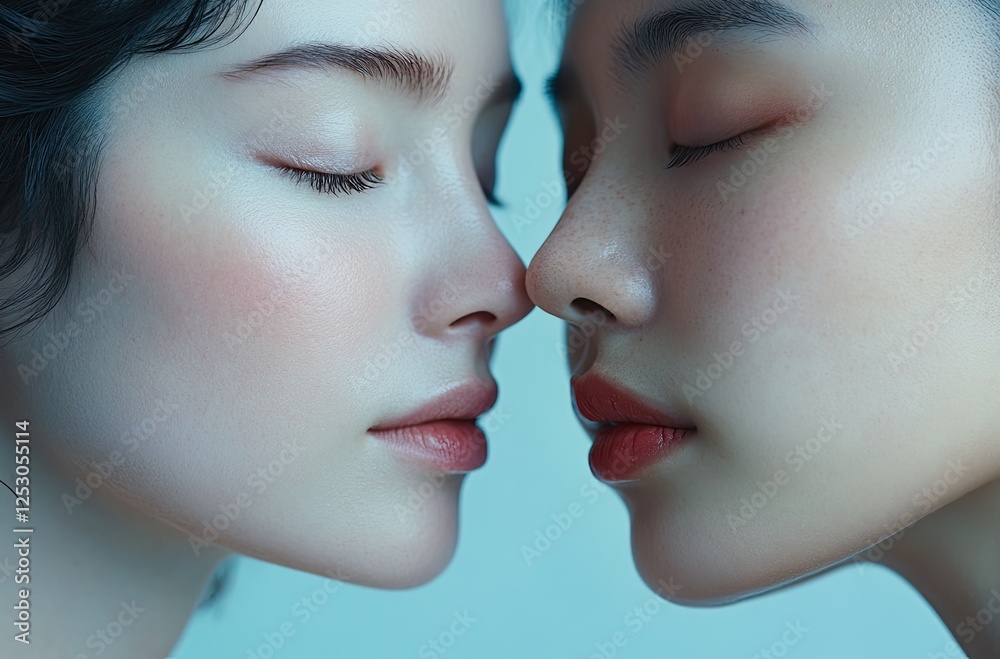 A close-up of two women's faces, one Caucasian and the other Asian, with their eyes closed in deep thought as they touch foreheads against each other on an isolated blue background. A close-up of two women's faces, one Caucasian and the other Asian, with their eyes closed in deep thought as they touch foreheads against each other on an isolated blue background.