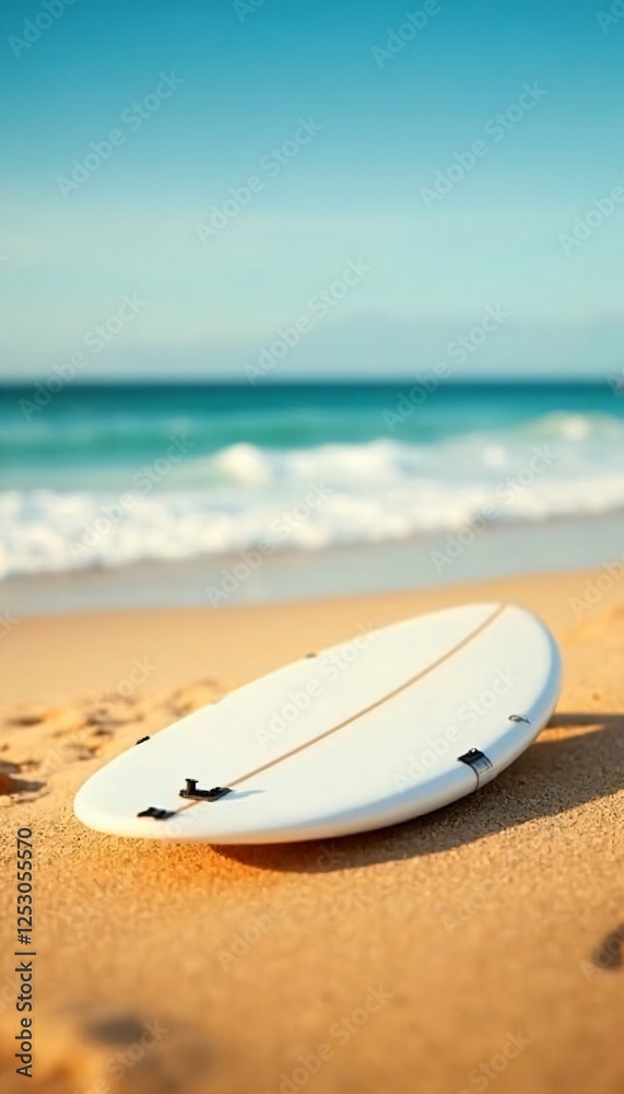 White surfboard on sandy beach with ocean waves in the background.