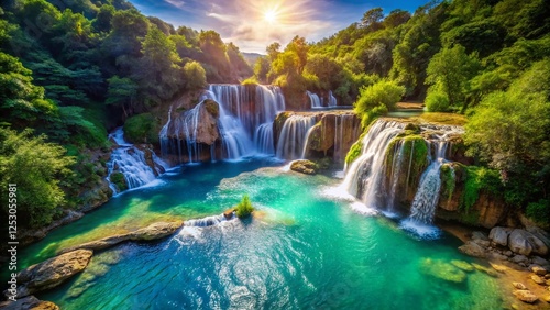 Majestic Drone View: Powerful Waterfall Cascading into Emerald Pool
