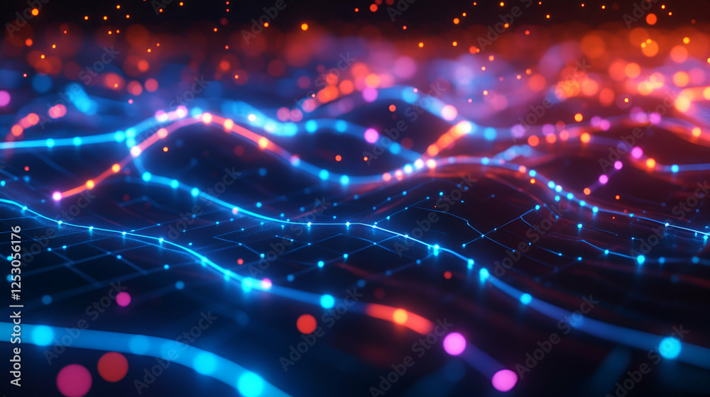 Obraz premium A high-speed blue and red neon data stream forming interconnected waves. The glowing cyber motion represents blockchain transactions, AI-powered learning, and quantum-powered acceleration.