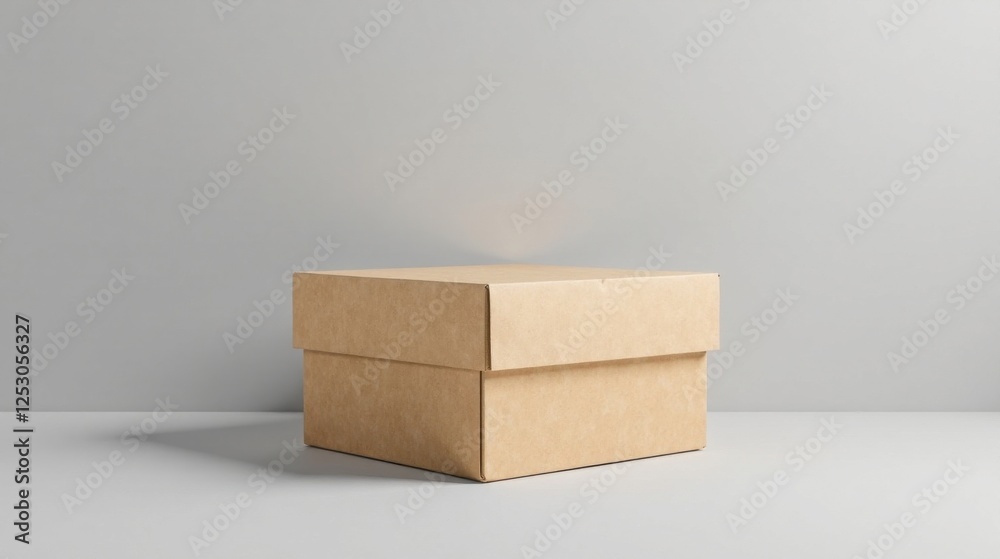 A simple, unbranded cardboard box sits on a neutral surface against a plain backdrop. A simple, unbranded cardboard box sits on a neutral surface against a plain backdrop.